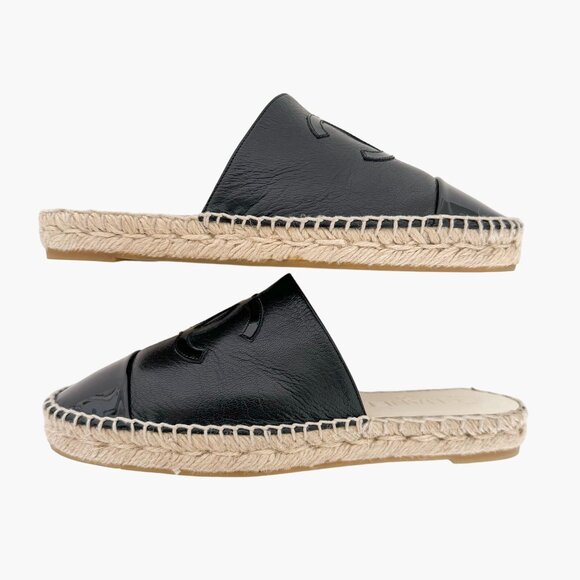 Chanel CC Espadrille Mule Flats EU 37 US 6-6.5 Black Leather Cap Toe Slide - Picture 7 of 13